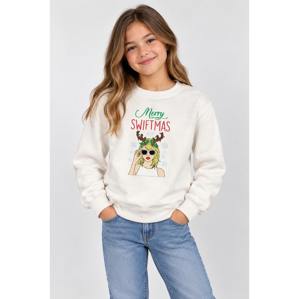 Swiftie Youth Small White Merry Swiftmas Holiday Sweatshirt Reindeer Antler